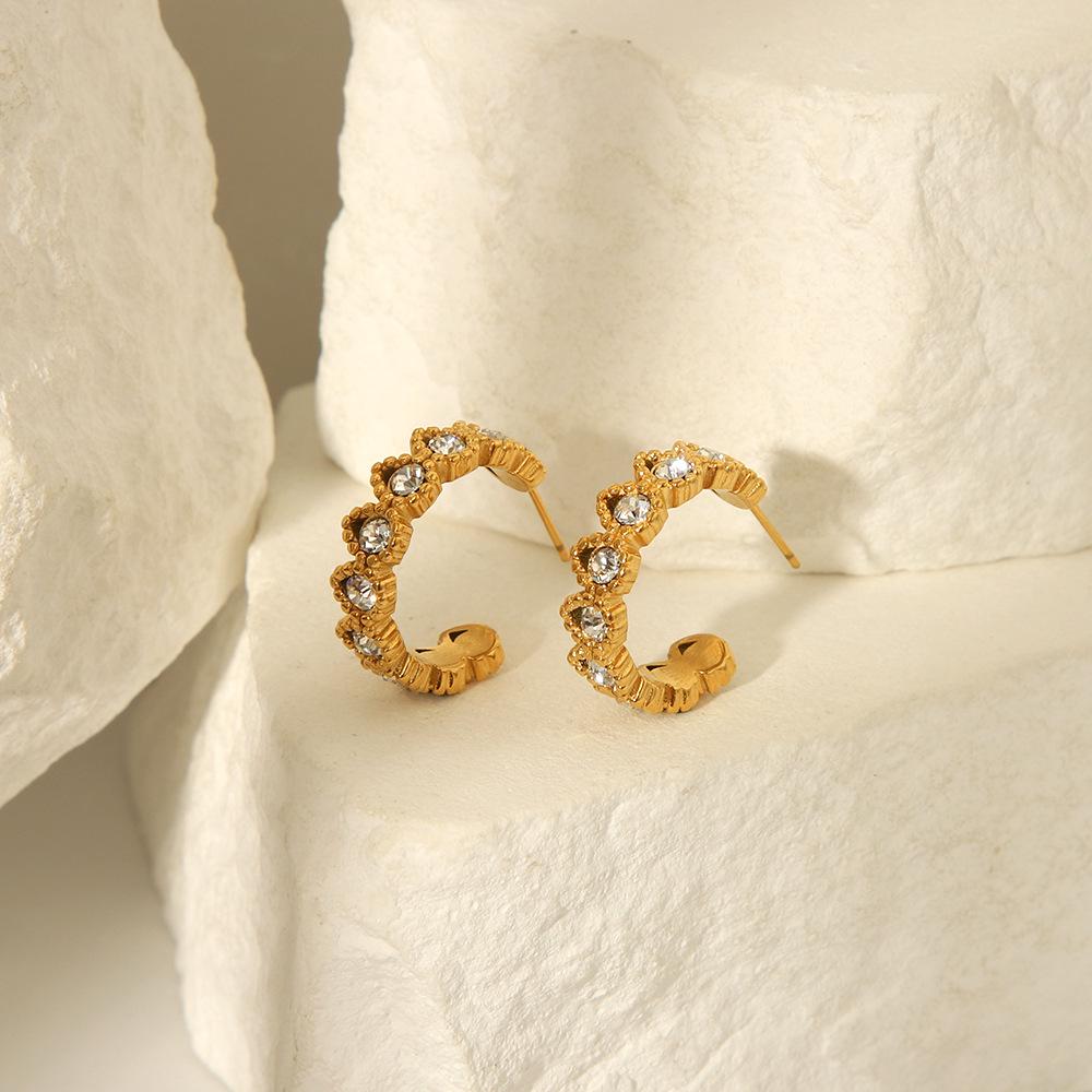 18K Light Luxury Stainless Steel C-Shaped Zircon Women's Stud Earrings, Non-Fading