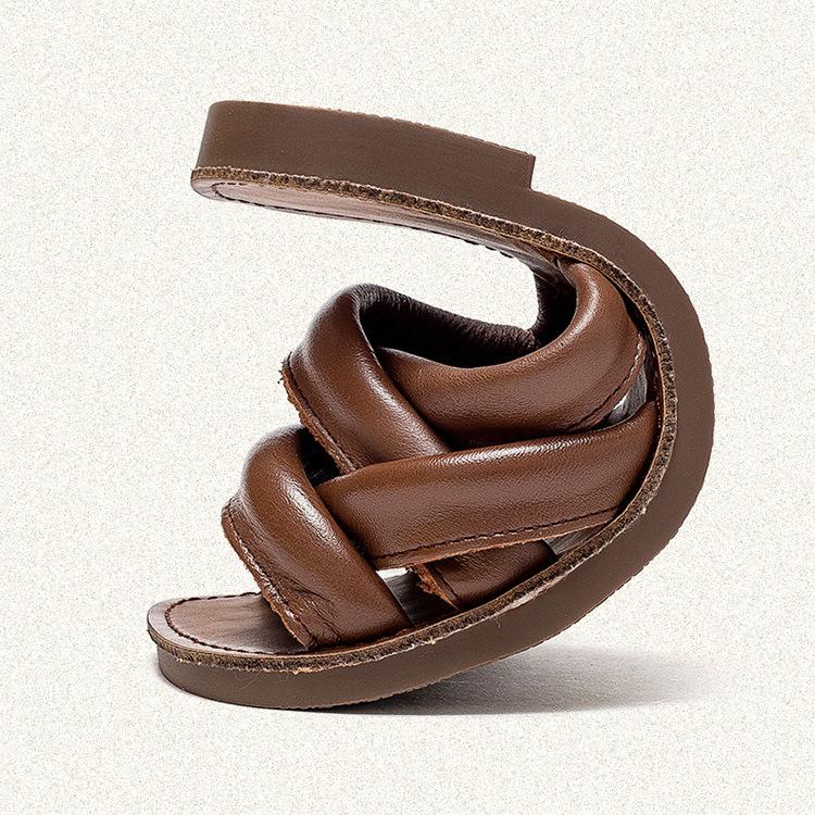 Johnature Genuine Leather Breathable Women's Flat Slippers Retro Versatile Soft Sole Roman Sandals