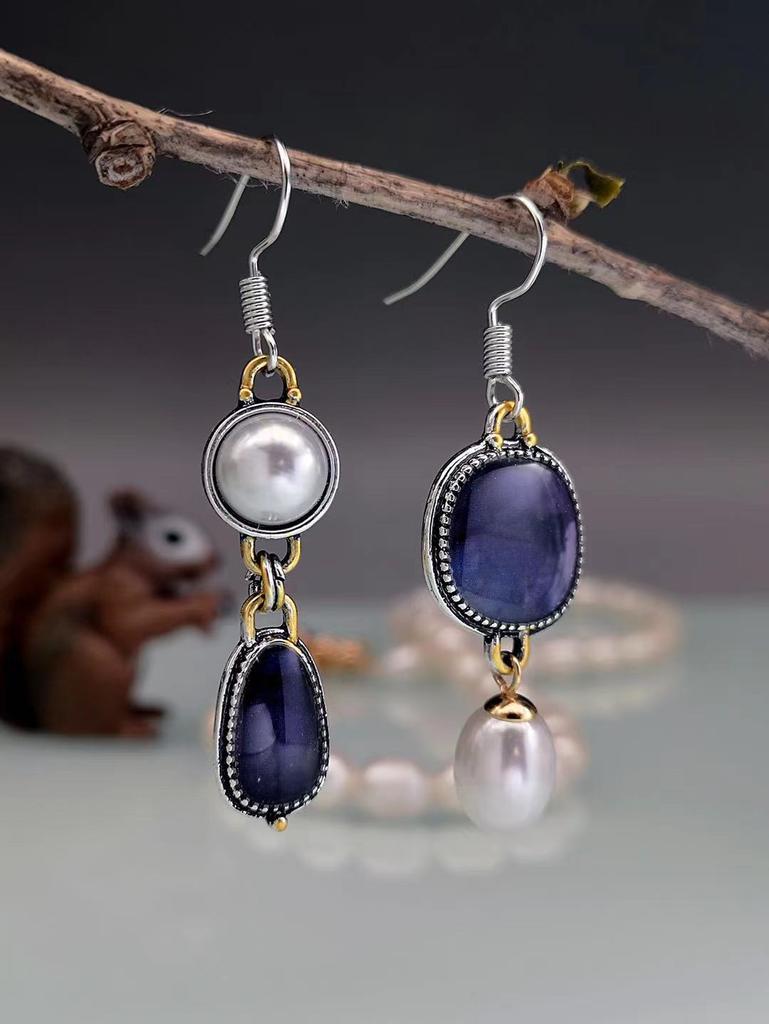 Retro Asymmetrical Imitation Pearl Water Droplet Earrings, Deep Blue Patterned Jewelry, Metal Flowers, Declaration Earring Acces