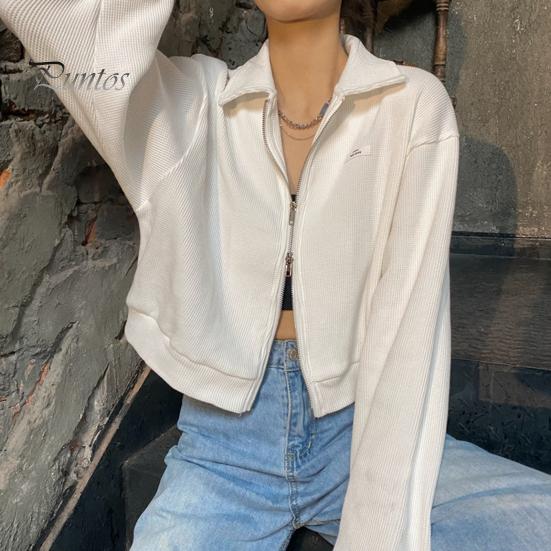 Cardigan Lapel Long Sleeves Zipper Closure Ribbed Women Coat Crop Spring Autumn Thin Solid Color Short Casual