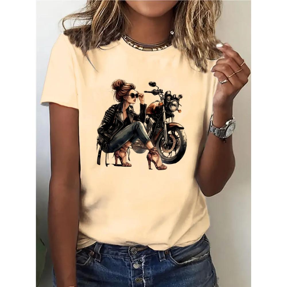 Large Size Women'S Digital Printed Short Sleeved T-shirt Crew Neck Slight Stretch Fabric, Regular Sleeve, All Seasons