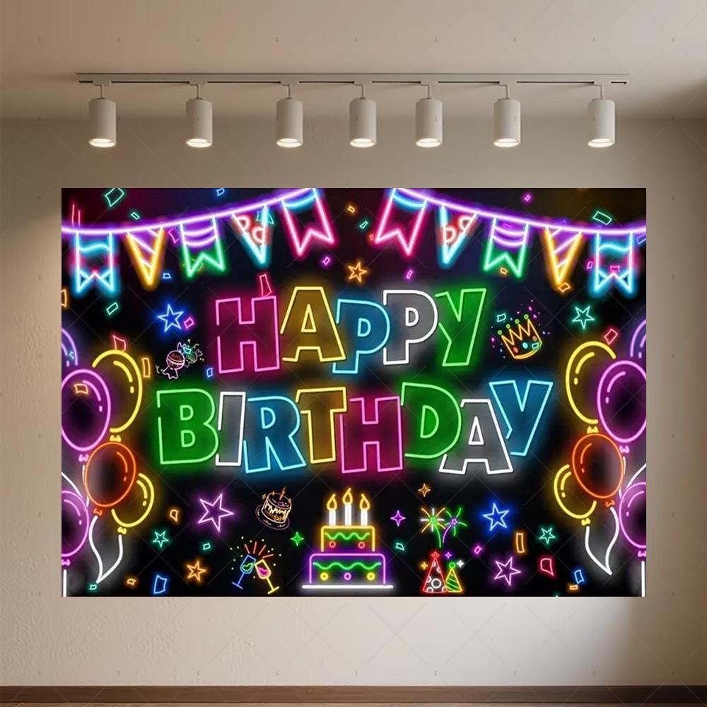 Glitter Happy Birthday Background Banner Glow Neon Dance Carnival Party Decorations Colourful Backdrop Supplies Photography Prop