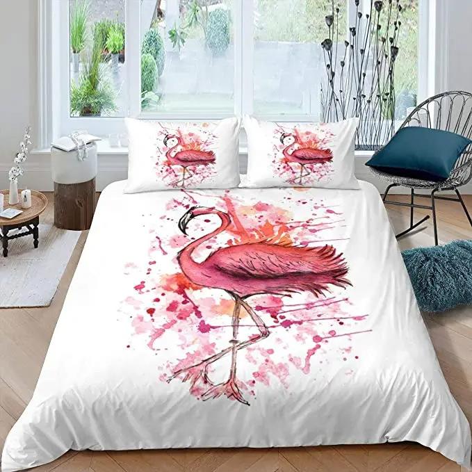 Flamingo Duvet Cover Three-Piece Girl Bedroom Bedding Quilt Cover Set Pink Bedspread