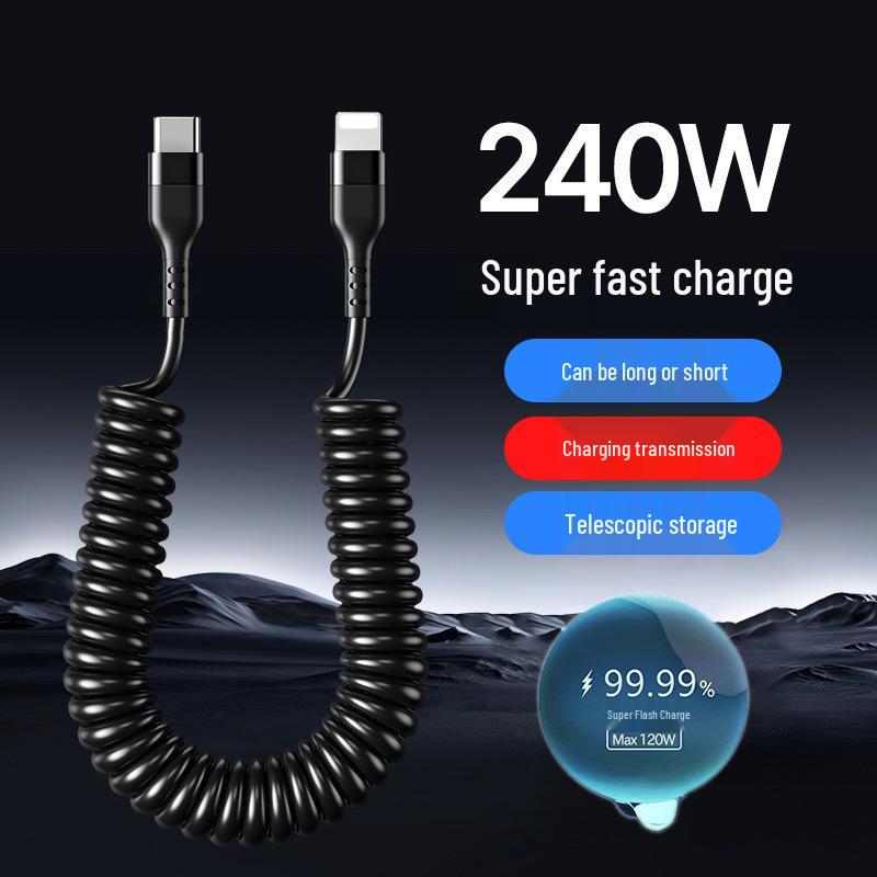 Spring Retractable Dual Type C To Lightning Cable for Huawei and iPhone 16