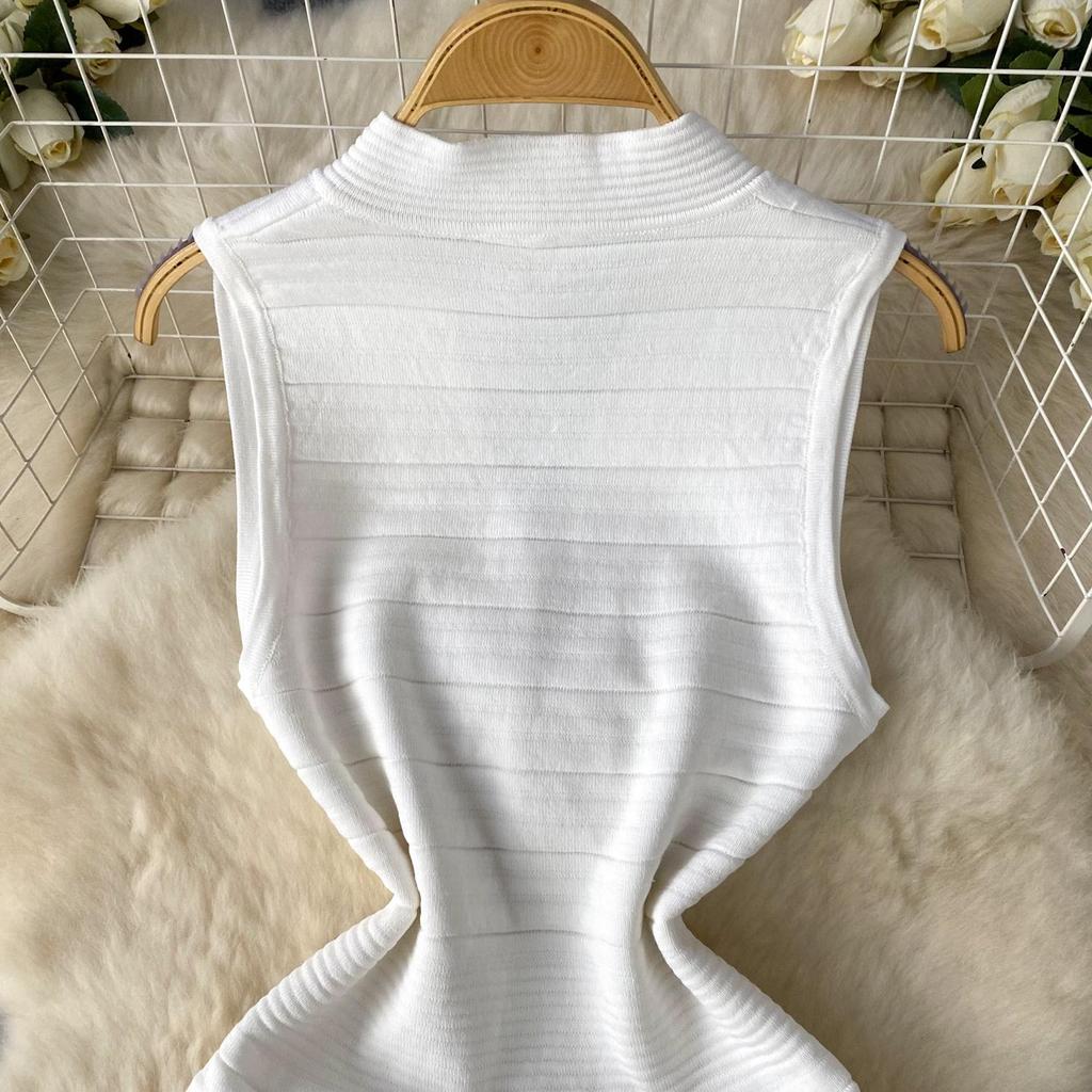Vestido básico ajustado de punto para mujer, sin mangas, con escote en V, cintura elástica, temperamento sólido, vestido de calle