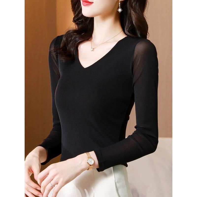 Korean Mesh Print V-neck Mesh Bottoming Shirt Female Early Spring Lace T-shirt Female Blouse Yarn Suit Inner Small Shirt Clothes Personalized Clothes