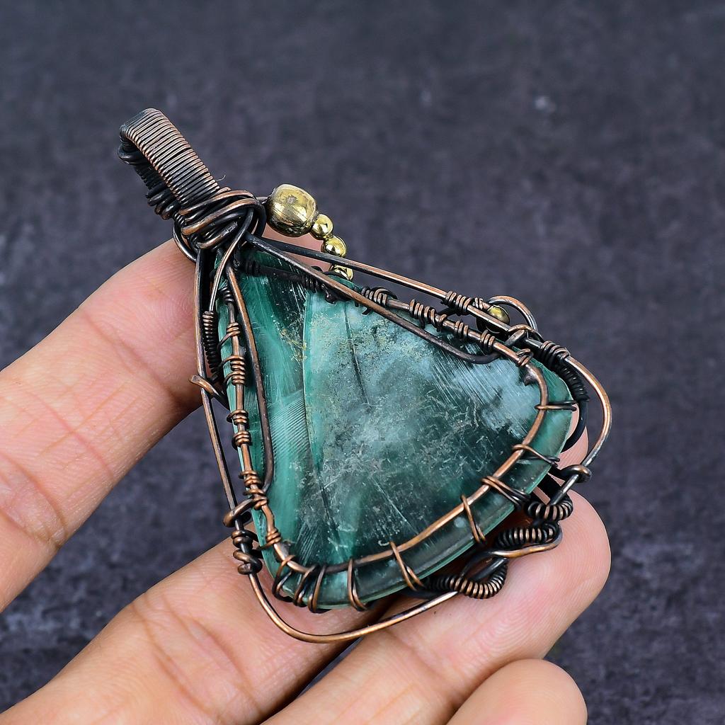 Natural Malachite Gemstone Handmade Copper Wire Wrap Jewelry Pendant 2.84" W3d01