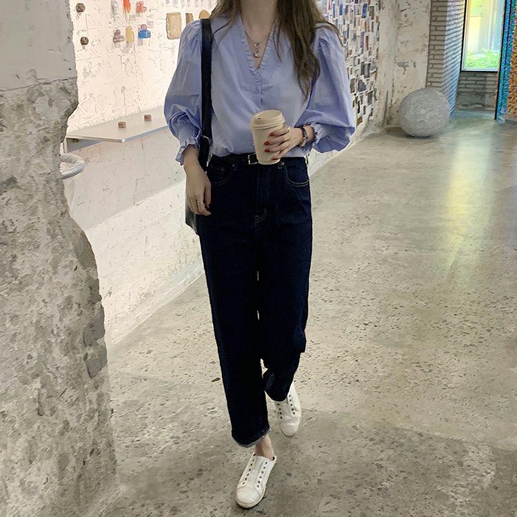 Women's French V-Neck Ruffled Puff Sleeve Shirt - Spring/Autumn Korean Chic