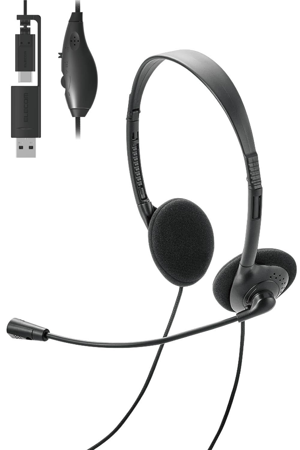 

ELECOM Headset USB C Foldable Wired with Microphone Unidirectional Noise Canceling Lightweight Compact Overhead Volume Adjustment PC Black & USB-A чорний