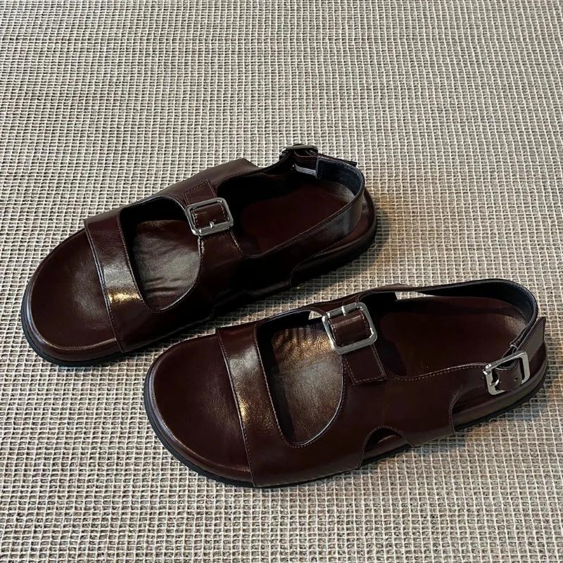 

Fashion High Quality Retro Flat Sandals Women Fashion Burgundy Back Buckle Sandals Comfortable Moccasin Beach Sandals Sandalias De Mujer 35 коричневий