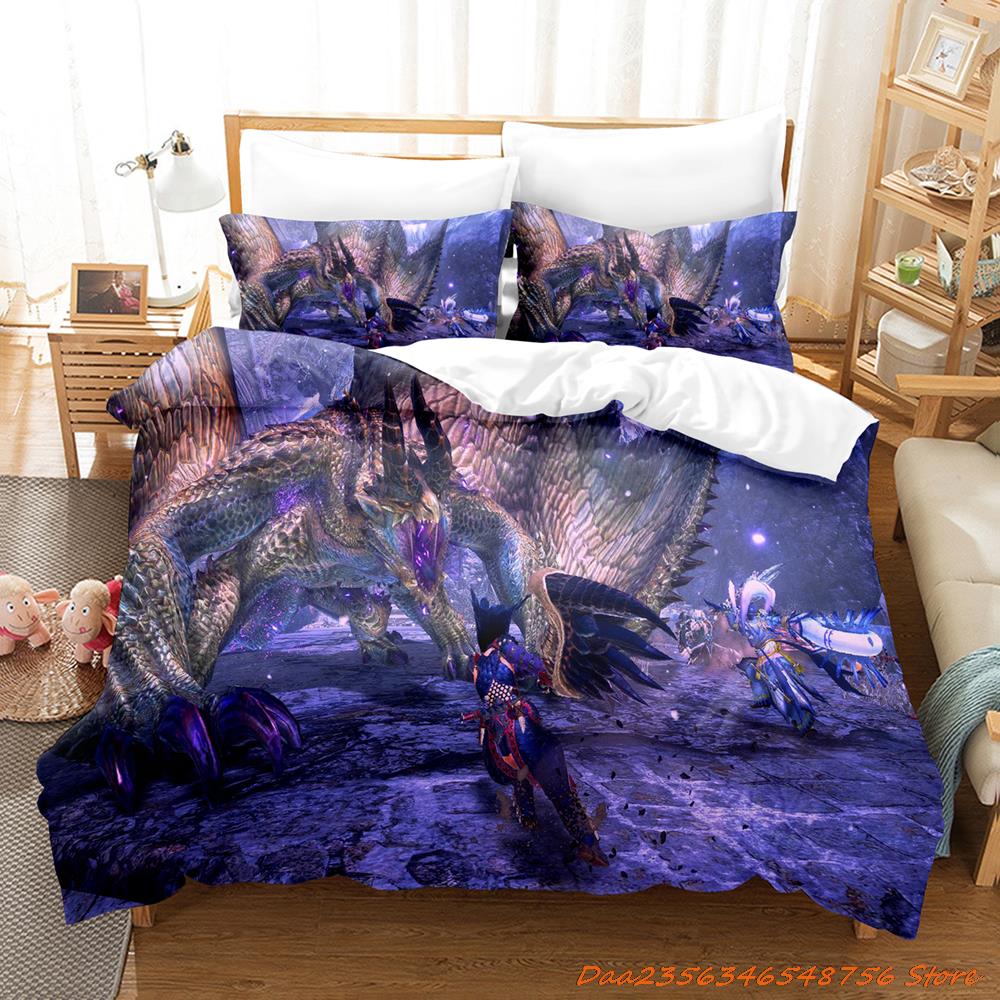 Comforter Personelity Monster Hunter Rise Bedding Set Cartoon Anime Three-Piece Set Adult Kid Bedroom Three-Piece Suits 3D Game Monst