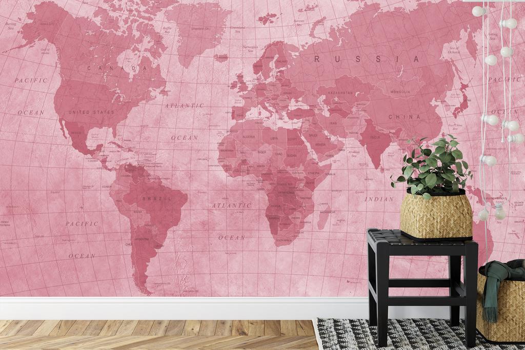 Photomural World Map Textured Red Iq-1262-D Washable Fleece 254x184