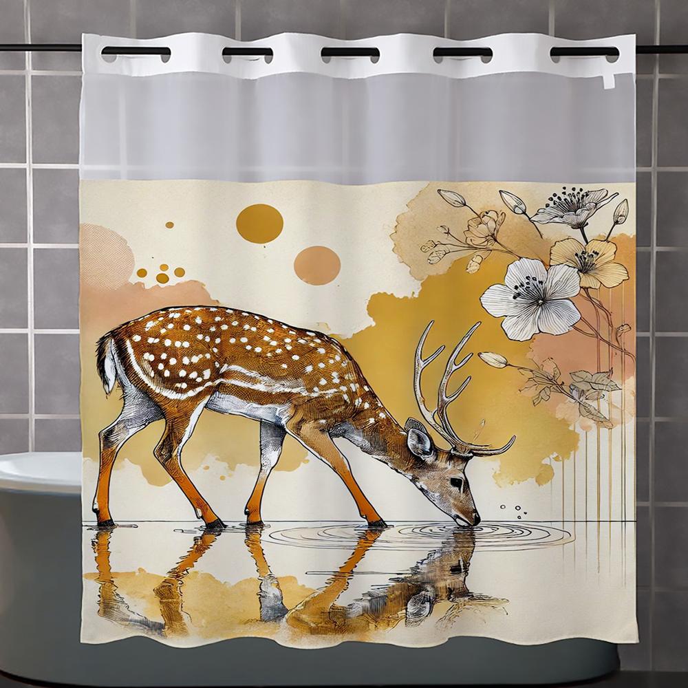 No Hook Sika Deer Pattern Shower Curtain With Snap-in Fabric Liner, Sheer Top Window, Waterproof Double Layer Bathtub Curtain