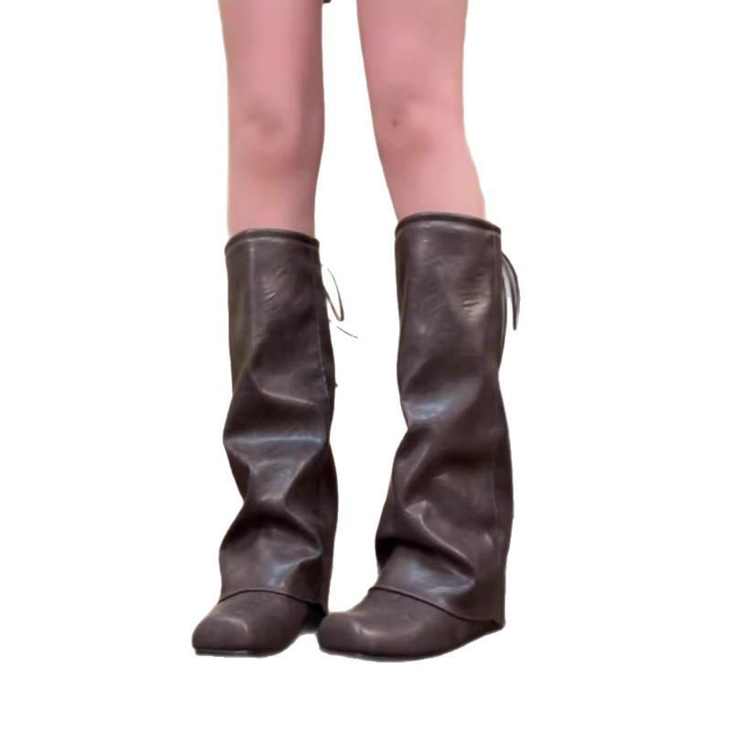 Square Head Inner Height-increasing Boots for Women, Thin Large Tube Circumference Folds, Stacked Pants Tube Boots, But Knee-high Knight Boots