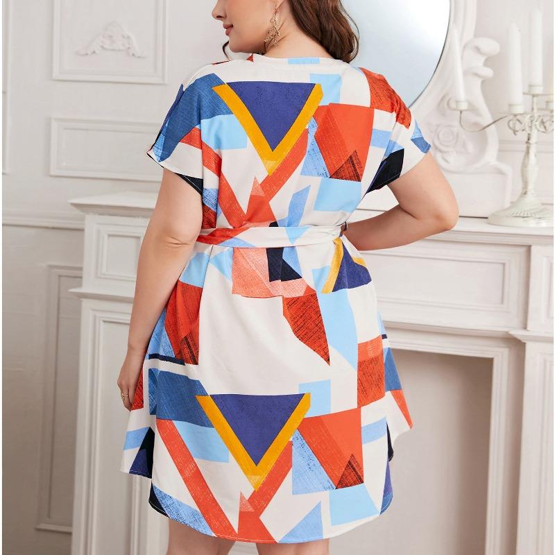 Summer Women's Short Sleeve Dress Temperament Elegance Fashion Party Dress Plus Size High-waisted Dress Patchwork Color Design
