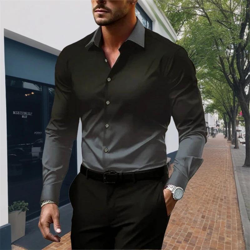 Spring Autumn Long Sleeved Shirt for Men with Sense of Luxury Gradient Lapel Loose Buttons Versatile Versatile Shirts Men’s