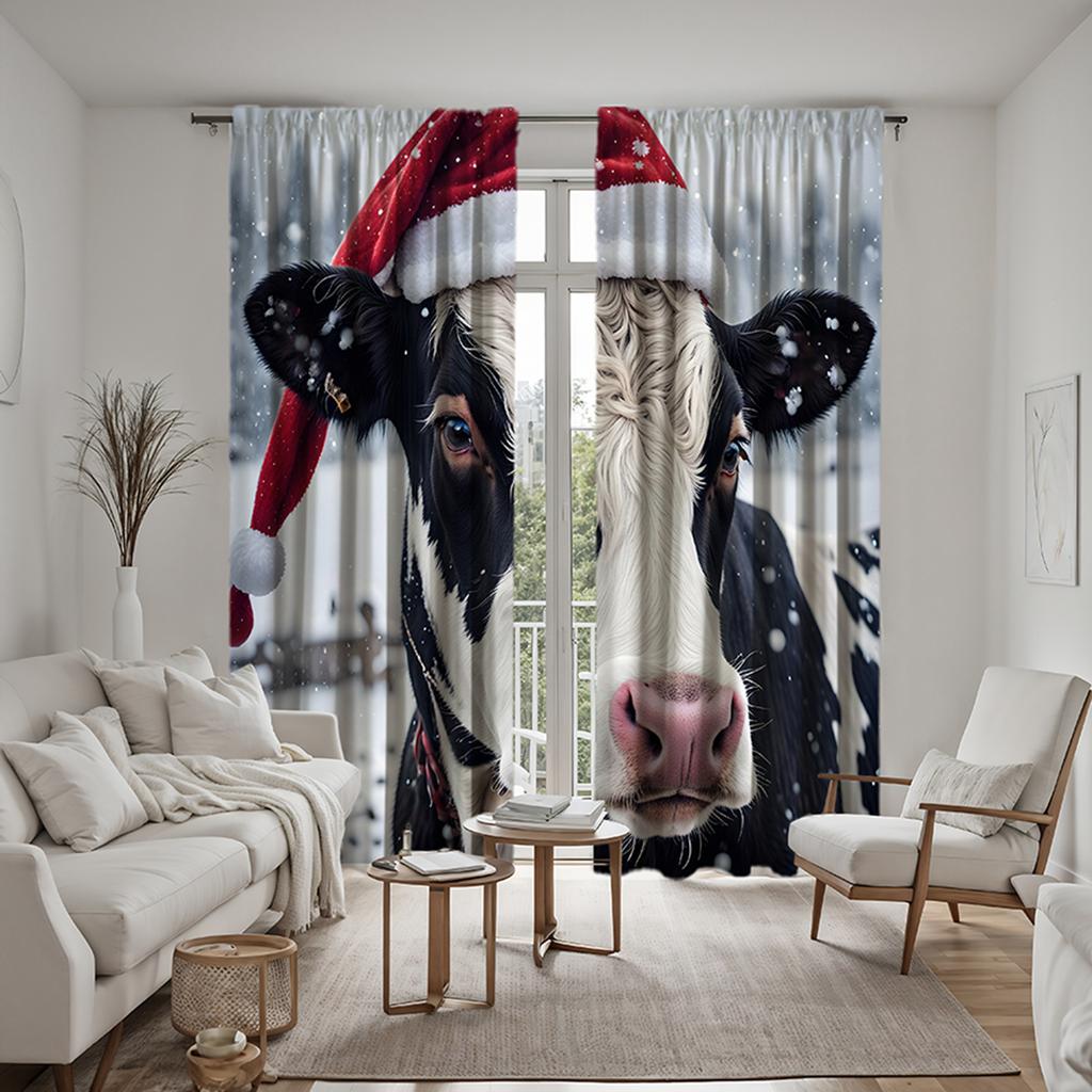 2pcs HD Cow decorative curtain with Santa hat White tie digital printed curtain Home Decoration style Decorate living room be