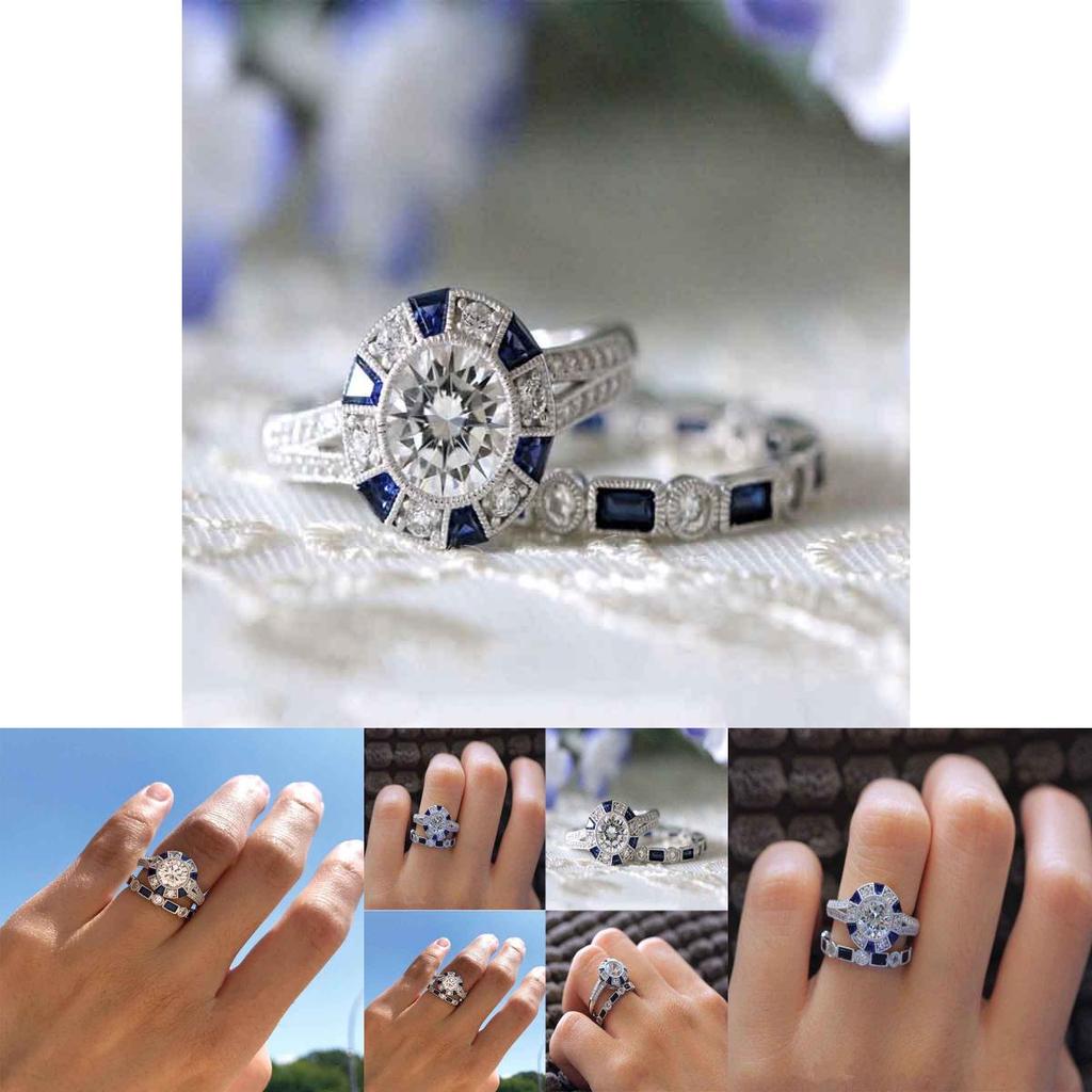 Stunning Geometry-inspired Silver Plated Blue Sapphire And Topaz Wedding Ring Set