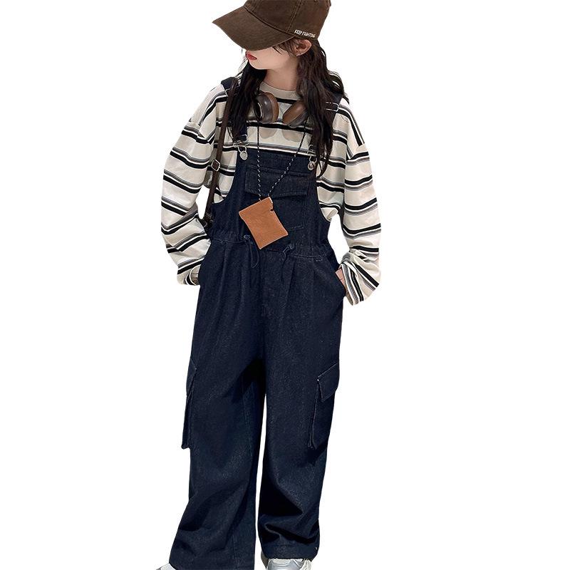 Girls' Striped T-shirt & Denim Overalls Set - Korean Style Fashion for Spring & Autumn