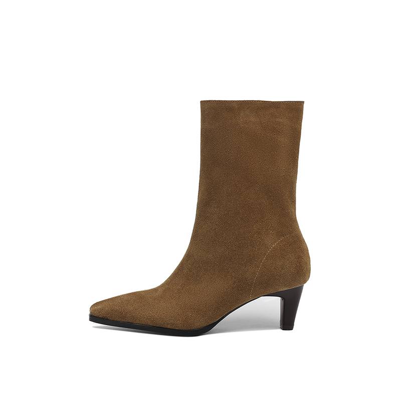 Krazing Pot Cow Suede Nubuck Autumn Winter Shoes Thick High Heels Big Size 43 Modern Boots Square Toe Keep Warm Slip on Mid-calf Boots