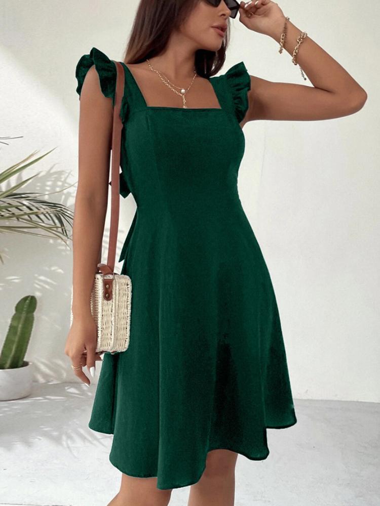 

Light Blue Square Neck Floral Ruffle Sleeve Elegant Dress XS темно-зелений колір