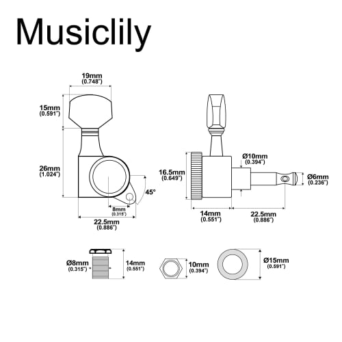 Musiclily Pro 6-String Locking Tuners for ST Strat/TL Telecaster Electric Guitars, Black Hex Buttons