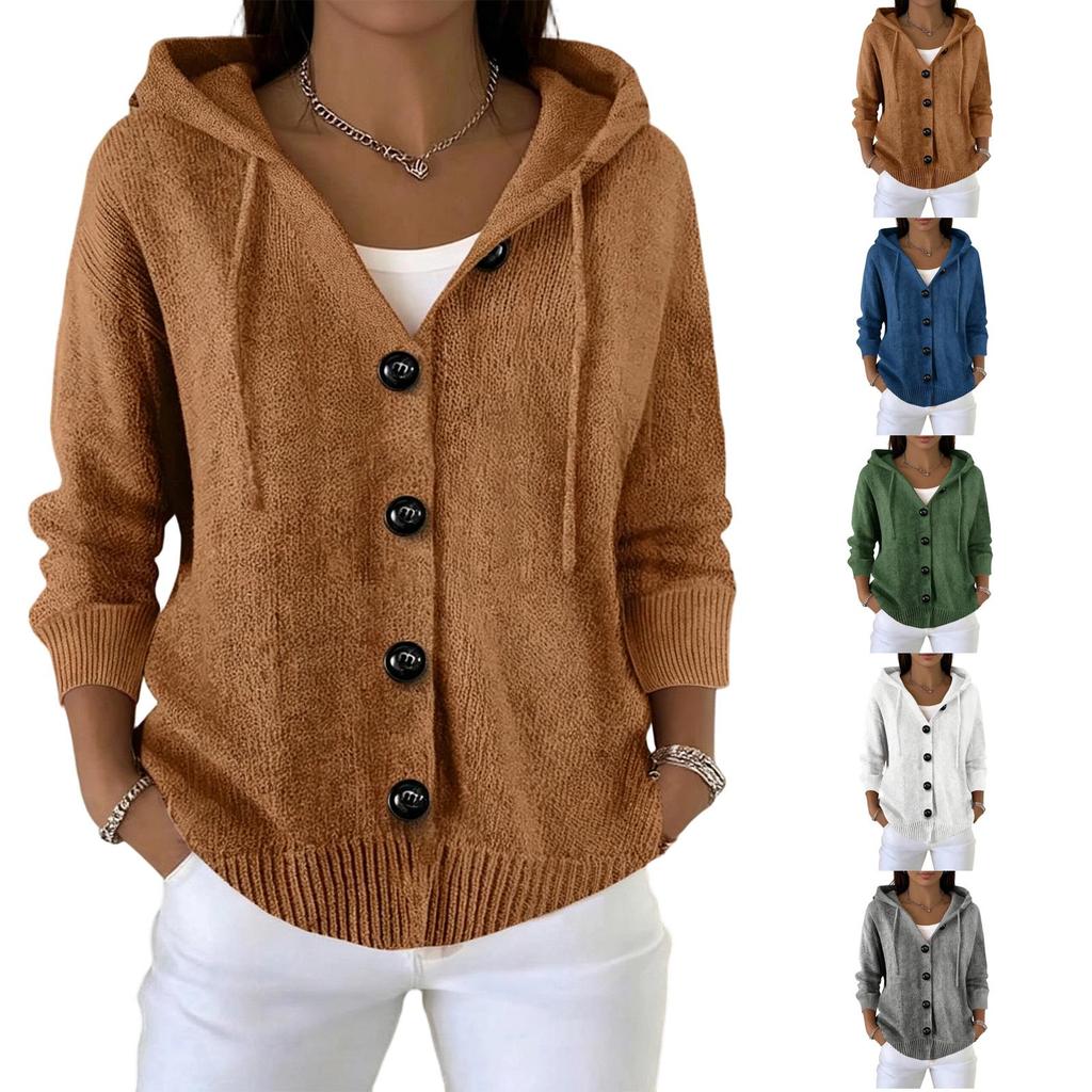 Cardigan Lungo con Cappuccio e Bottoni a Manica Lunga da Donna per Primavera Autunno Capospalla Casual