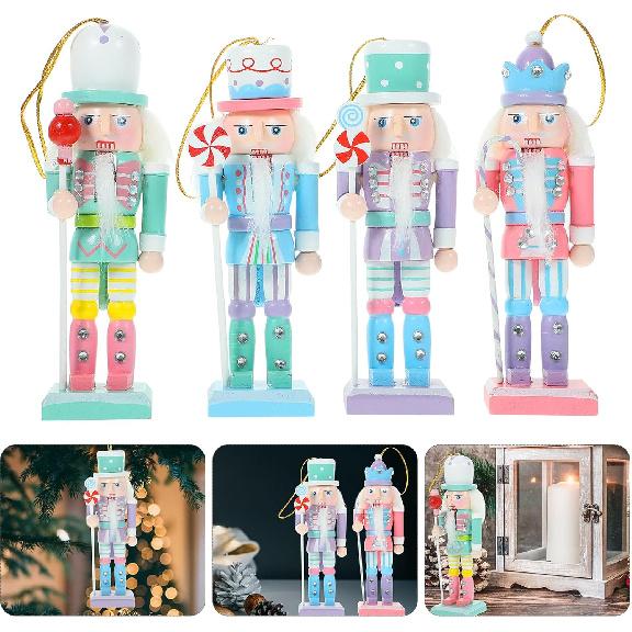 PartyKindom Nutcracker Ornaments for Christmas Tree: 4pcs Small Figures, Wooden Soldier Hanging Decorations for Xmas Gift, Shelf, Table, 5"