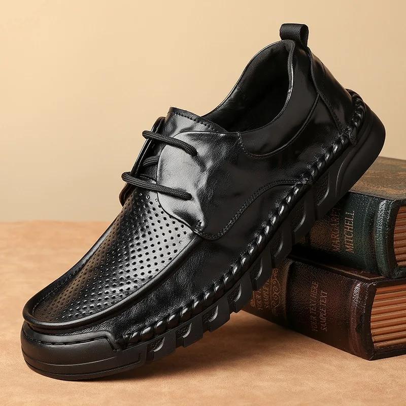 New Men Genuine Leather Casual Shoes Cow Leather Flat Skate Shoes Cool Black Lace-up Business Leisure Shoes 38