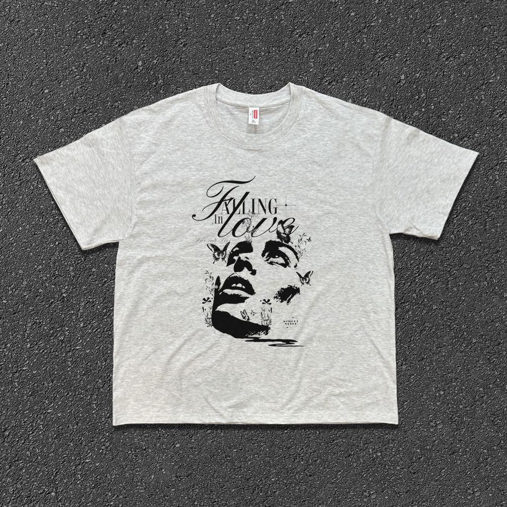 A Heavyweight Pure Cotton Ins Stylish and Unique Printed Hiphop Street Off-the-shoulder Short-sleeved T-shirt