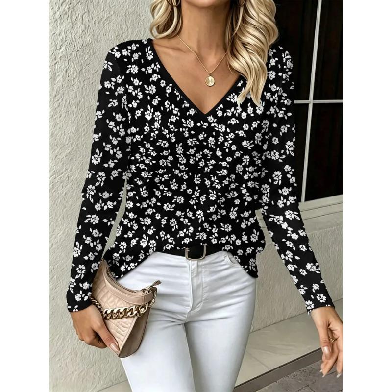 Sommer Damen 3D-Druck V-Ausschnitt Langarm T-Shirt Mode Vielseitig Atmungsaktiv Trend Lässig