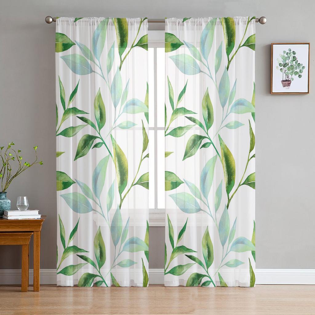 Plant Green Leaf Chiffon Sheer Curtains for Living Room Bedroom Home Decoration Window Voile Tulle Curtain Drapes