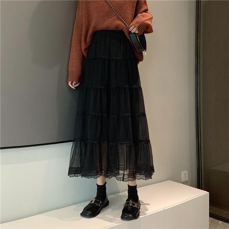 Sweet Mesh Skirts Women Korean Fahion Lace Cake Long Skirts Y2K Faldas Spring Female Elegant Chic Ruffle Maxi Skirt