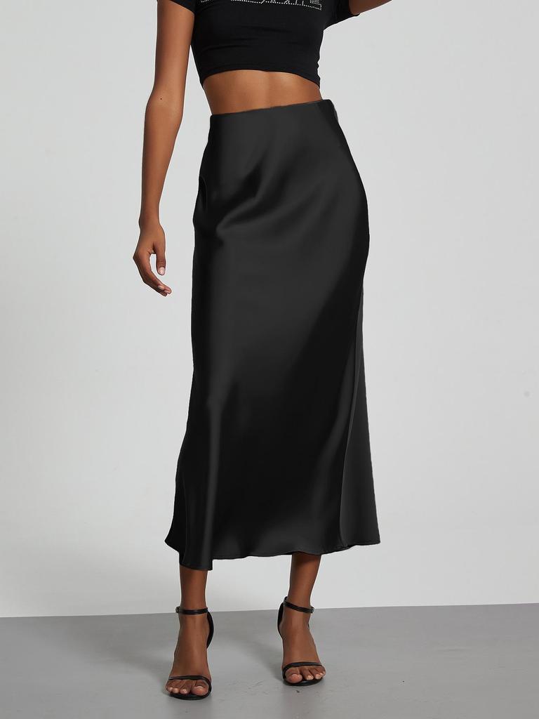 Elegant European and American Style Women's Satin Midi Skirt – Smooth, Slim, and Silky Texture for Summer