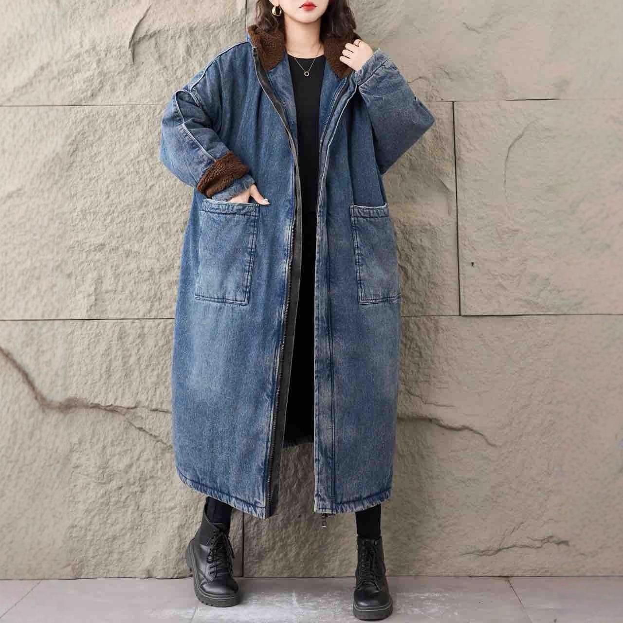 Oversized Women`s Hooded Mid-Length Denim Cotton