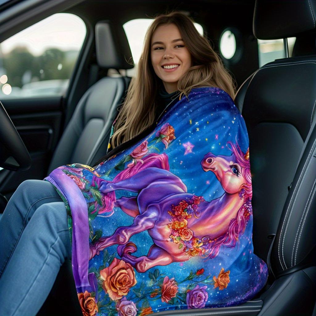 1 Rose Unicorn Pattern Flannel Blanket - Soft and Warm, Suitable for Camping, Sofas, Beds and Chairs, a Perfect Holiday Gift