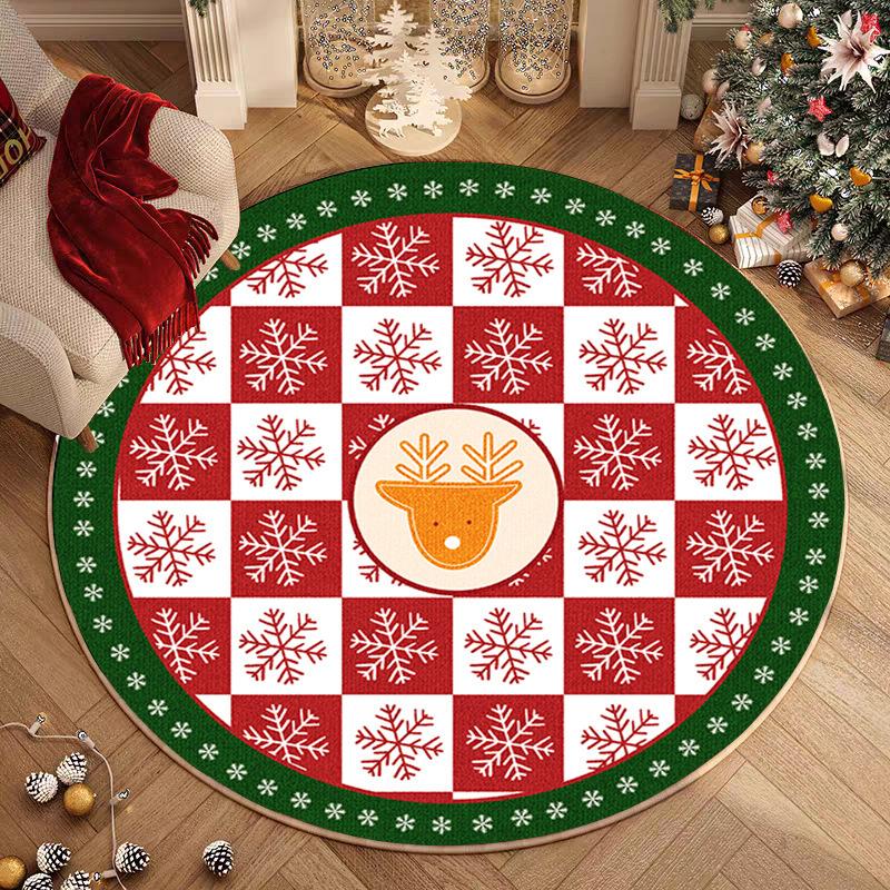 Christmas Tree Pattern Round Carpet "Merry Christmas" "HAPPY NEW" Text Design Festive Decor Rug for Living Room Non-Slip Mat