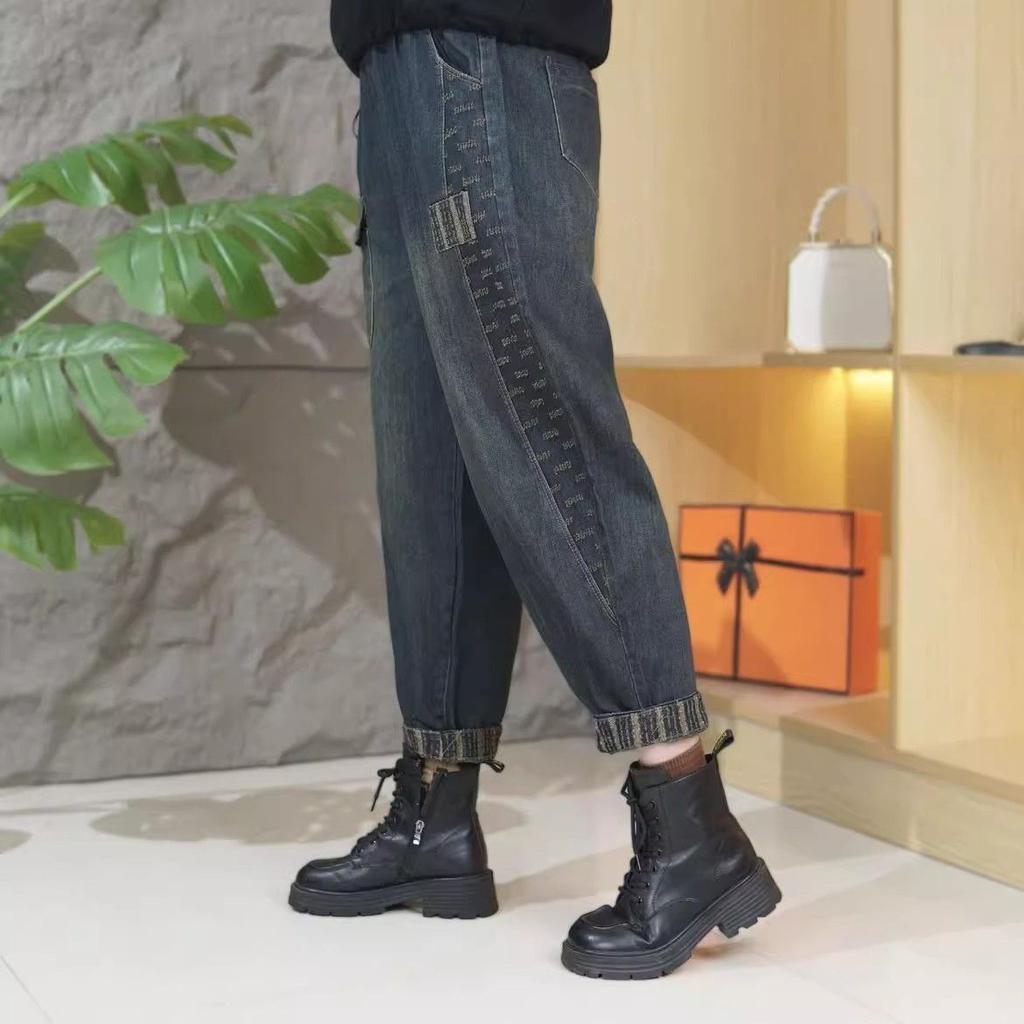 Damen Jeans im Vintage-Stil, Mode-Taschen-Denimhose, Herbst, Freizeit-Haremjeans für Damen