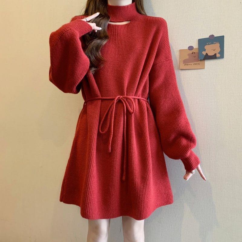 Plus Size Women's High Neck Knit Dress: Waist-Cinching Slimming Base Layer for Autumn/Winter