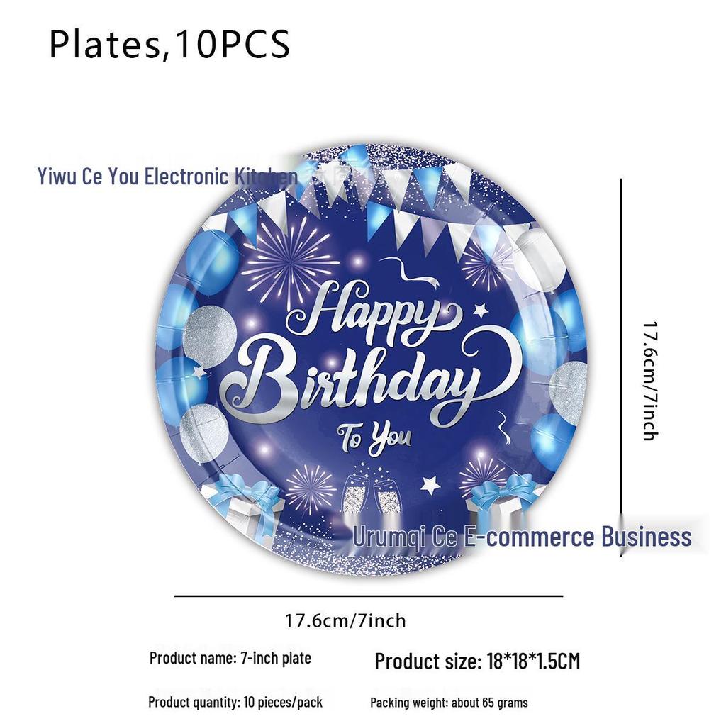 Blue & Silver Birthday Party Tableware Set - Includes Plates, Cups, Tablecloth
