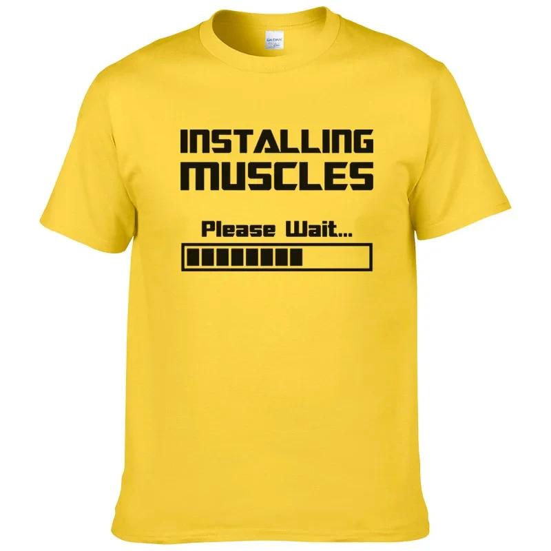 Summer Tshirts Installing Muscles Please Wait Funny Letter Print T Shirt Men Women Cotton Short Sleeve Tee Shirts Men Clothing