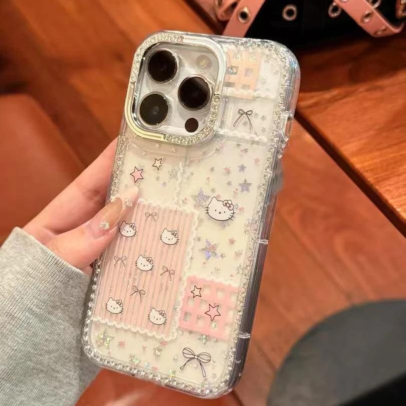 Bow striped Kitty for Apple 17 mobile phone case iPhone16Pro laser 14 flash diamond stars 15 sets