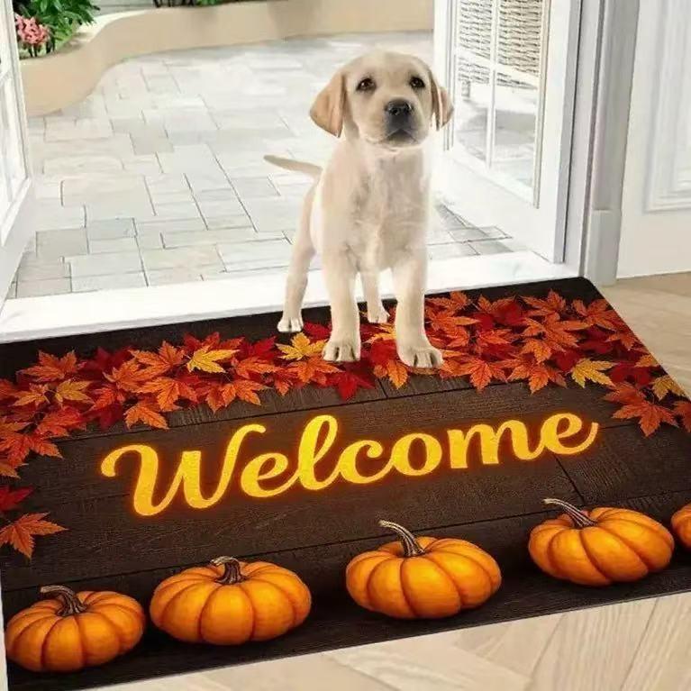Autumn Theme Door Mat With Pumpkin Maple Leaf Sunflower Patterns Soft Decorative Entryway Rug For Home Indoor Outdoor