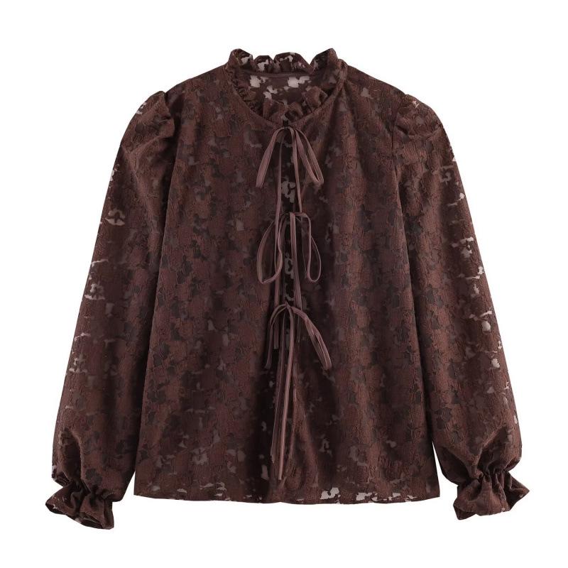 Spring 2026 European & American Style Retro Lace-up Sheer Shirt Extra Large