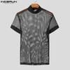 INCERUN Men Summer Mockneck Short Sleeve Mesh Sheer See Through T-shirts Tee