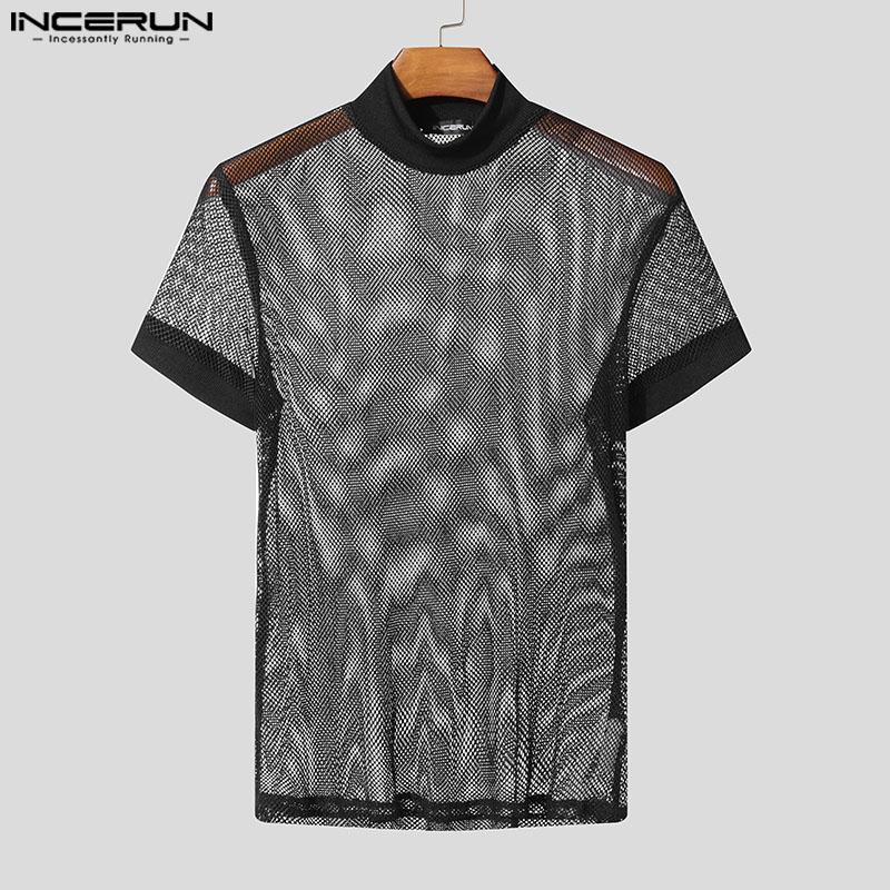 INCERUN Men Summer Mockneck Short Sleeve Mesh Sheer See Through T-shirts Tee