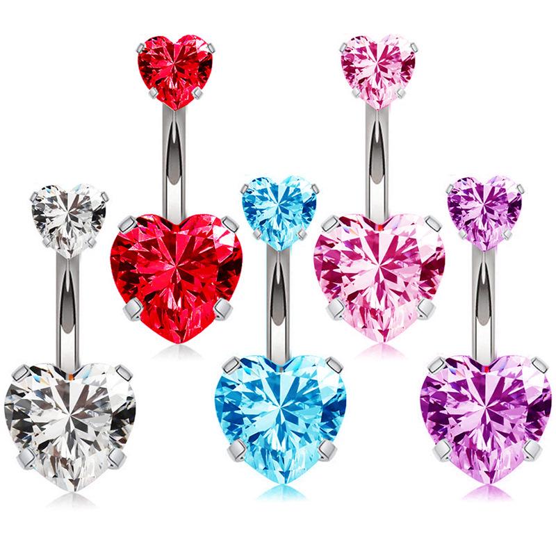 Heart-Shaped Zirconia Double-Head Stainless Steel Navel Ring, 1.6×10mm Piercing Jewelry