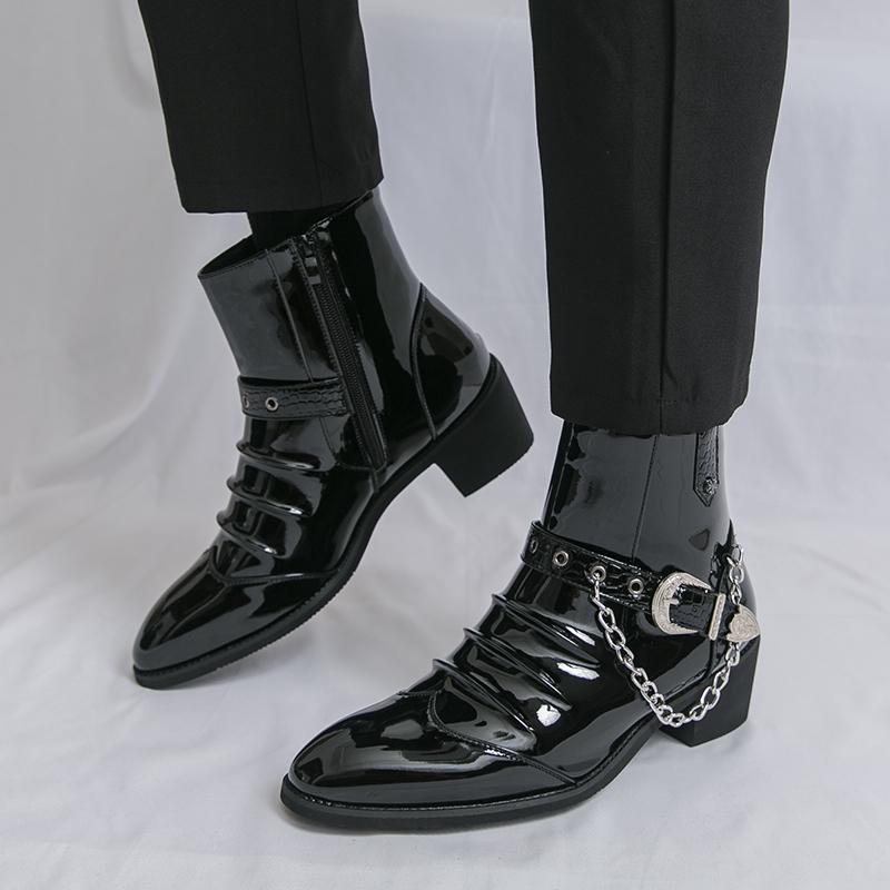 Designer New Men Pointed Punk Rock Metal Chain Leather Casual Chelsea Ankle Boot Male Winter High Top Monk Strap Hip-hop Shoes