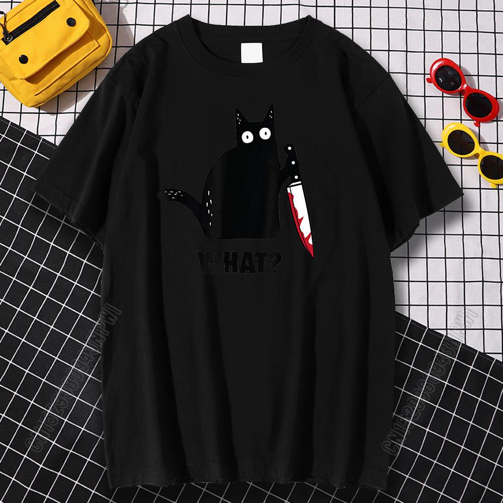 Cat What T Shirt Murderous Cat With Knife Funny Halloween Gift Cotton High Quality Men's Oversized Novelty T-Shirt Women Tee