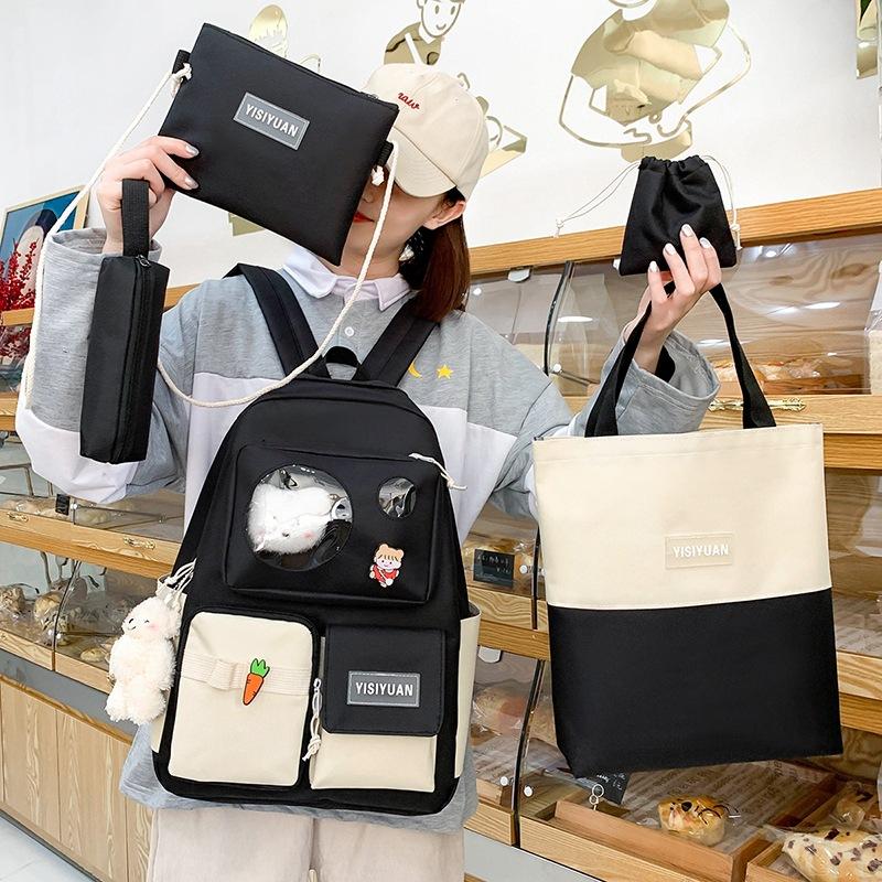 Rucksack für Mittelschüler neue Bärenpuppe Mädchenrucksack Fünfteilige Leinwand Schultasche für Mittelschülerinnen Frauen